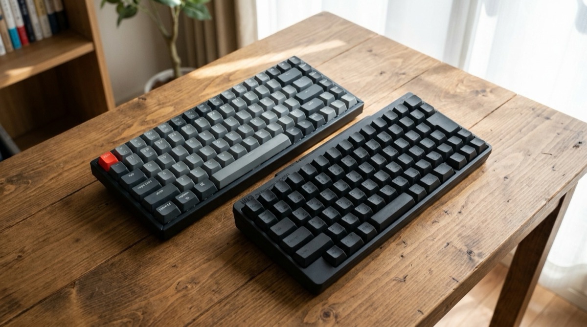 HHKBとKeychron K2を木目デスクに並べたクローズアップイメージ