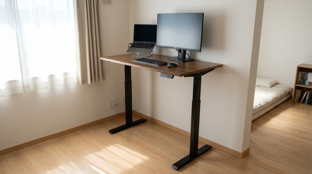 立ち姿勢の高さまで上げたFLEXISPOT E7昇降デスクをワンルームに設置したイメージ