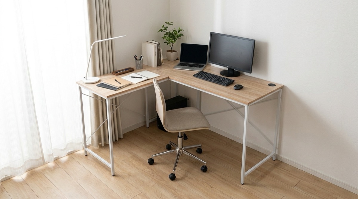 部屋のコーナーにL字デスクを設置し、PC作業面と書き物面を分けたイメージ